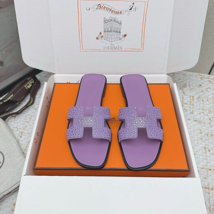 HM 26ss Oran Sandals Purple Crystal Suede Cowhide 625255