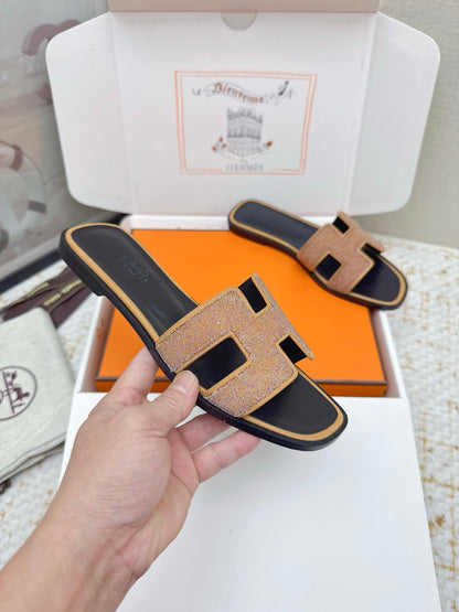 HM 26ss Oran Sandals Rose Bronze Rhinestone Cowhide 625264
