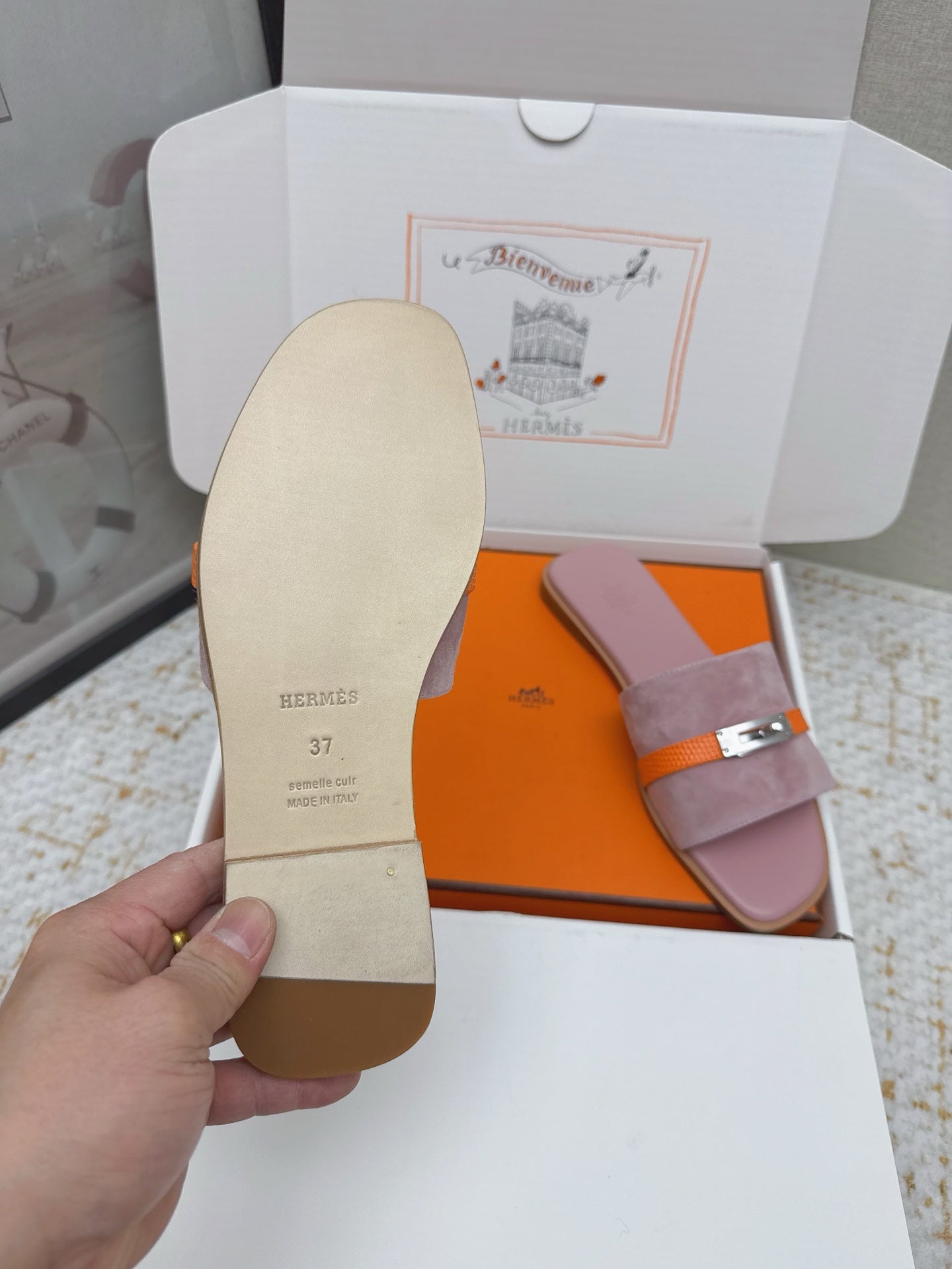 HM 26ss Oasis Sandals Rose Nude Orange Suede Cowhide 625179