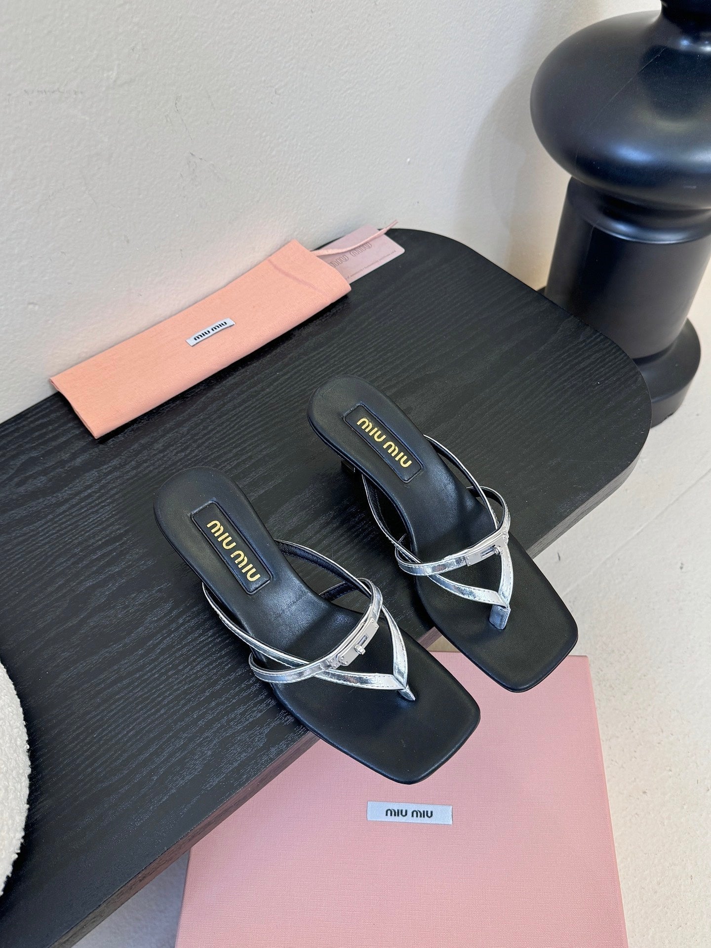 MIU High Heeled Sandals 50 Black Sliver Sheepskin 627365