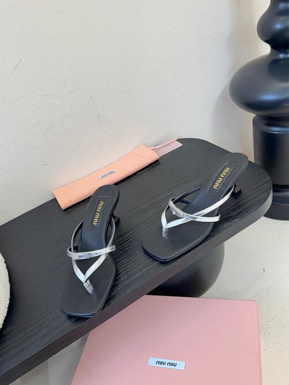 MIU High Heeled Sandals 50 Black Sliver Sheepskin 627365
