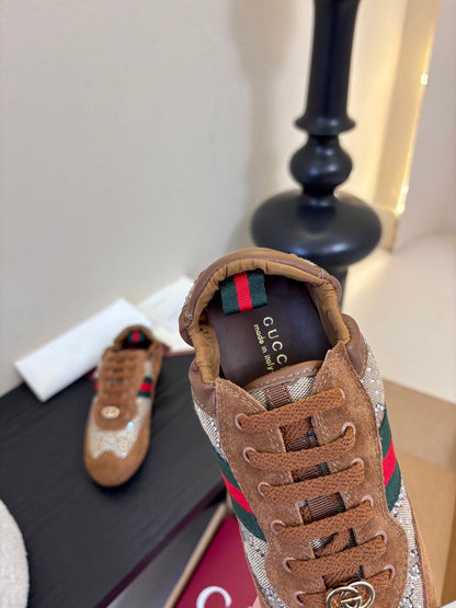 GG 26 Casual Sneakers Brown Cowhide Suede Rhinestones 627230