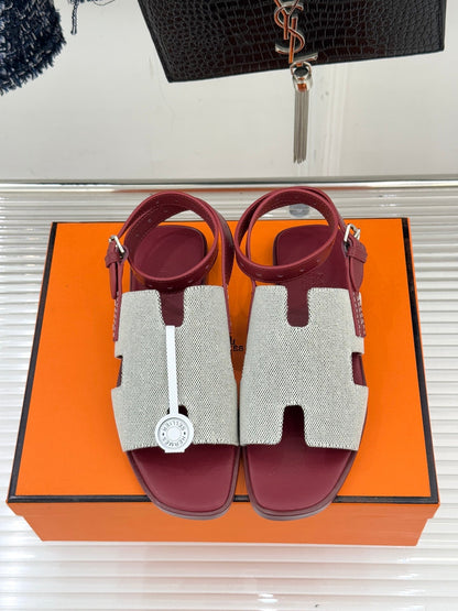 HM 26ss Flat Sandals Burgundy Beige Canvas Sheepskin 642789