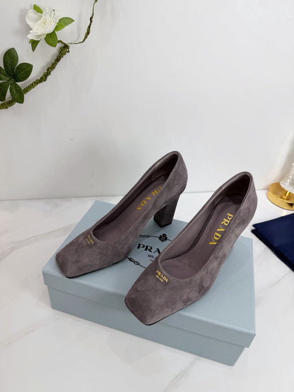 PRA 26SS Square-toe Block Heels  85 Dark Gray Suede 592361
