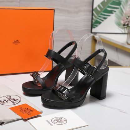 HM 26ss Platform High-Heeled Sandals Black Sheepskin 601217