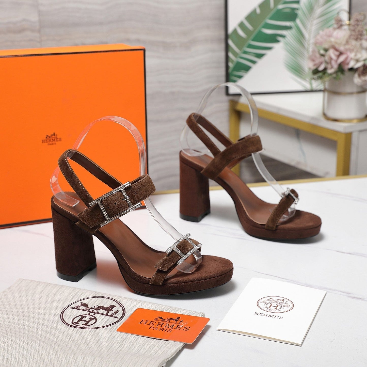 HM 26ss Platform High-Heeled Sandals Dark Brown Velvet Sheepskin 601218