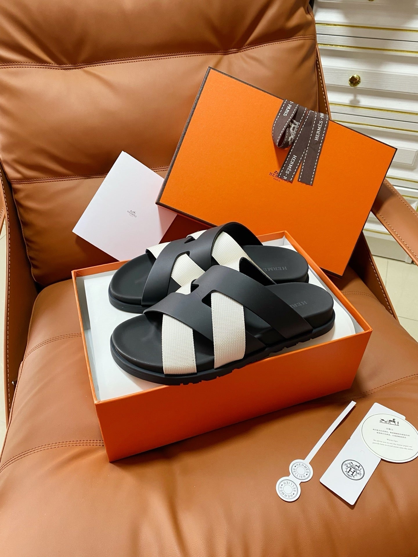 HM 2026 Cross Sandals Black White Canvas Calfskin 667286