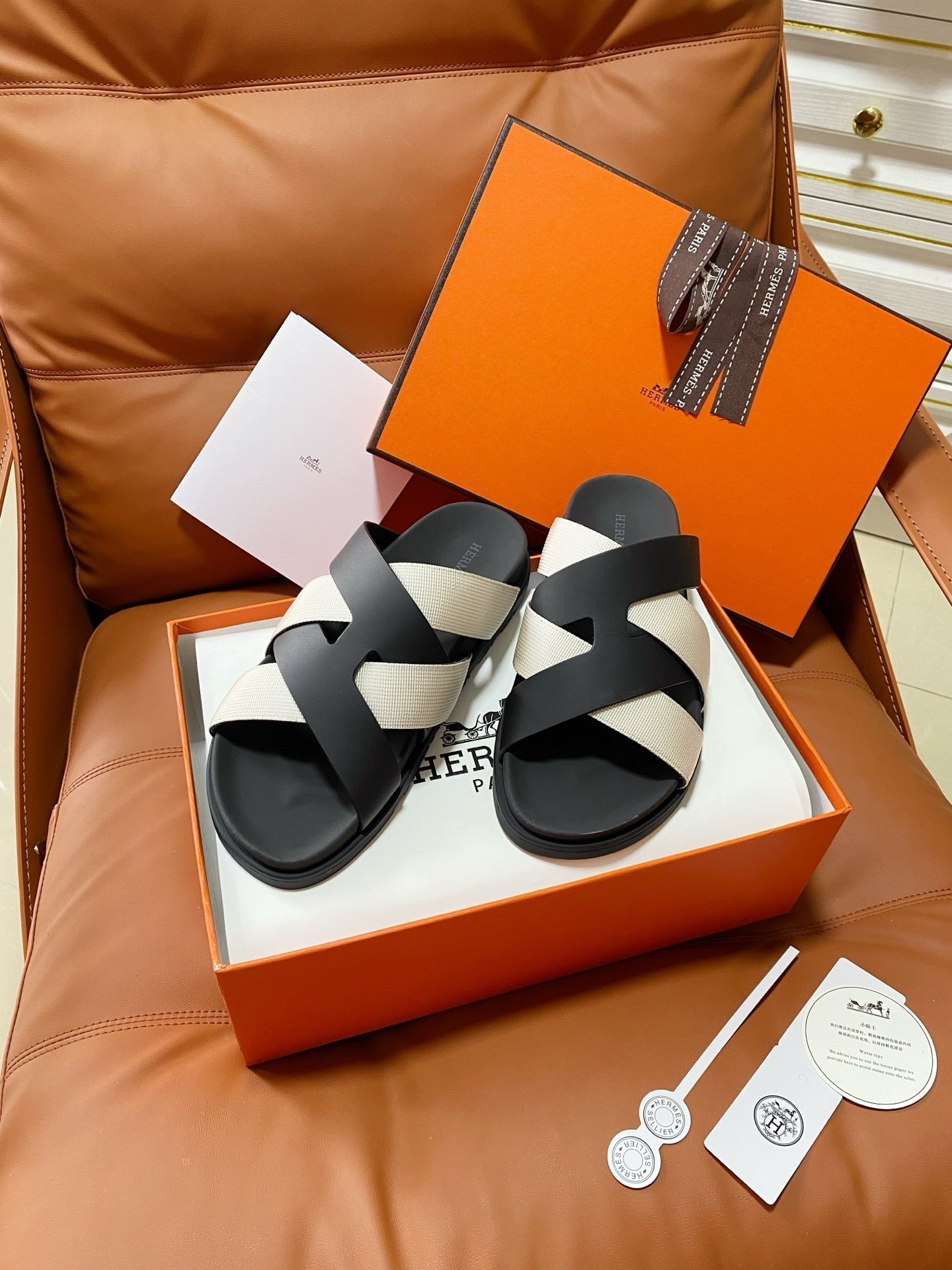 HM 2026 Cross Sandals Black White Canvas Calfskin 667286