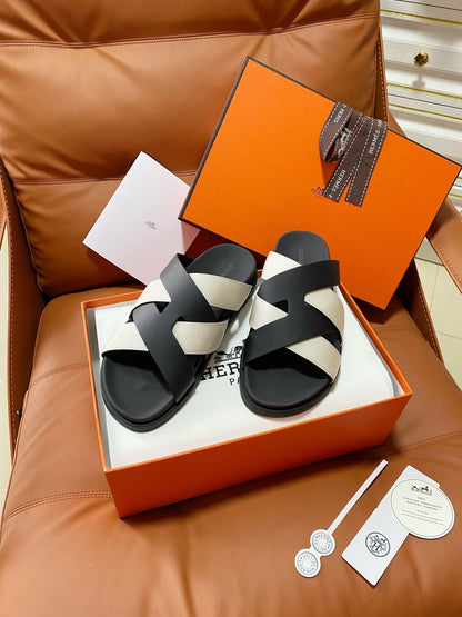 HM 2026 Cross Sandals Black White Canvas Calfskin 667286