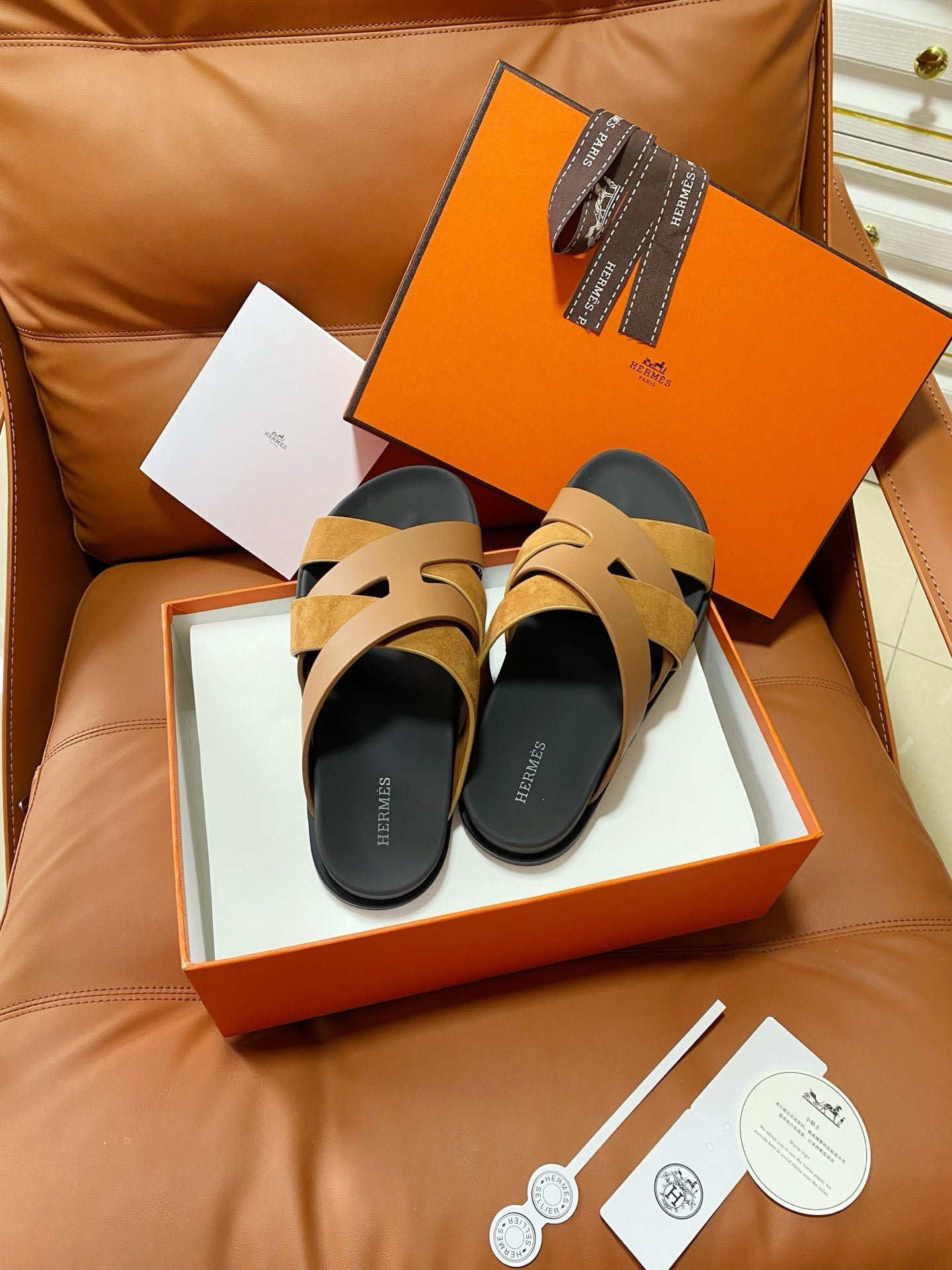 HM 2026 Cross Sandals Tan Suede Calfskin 667291
