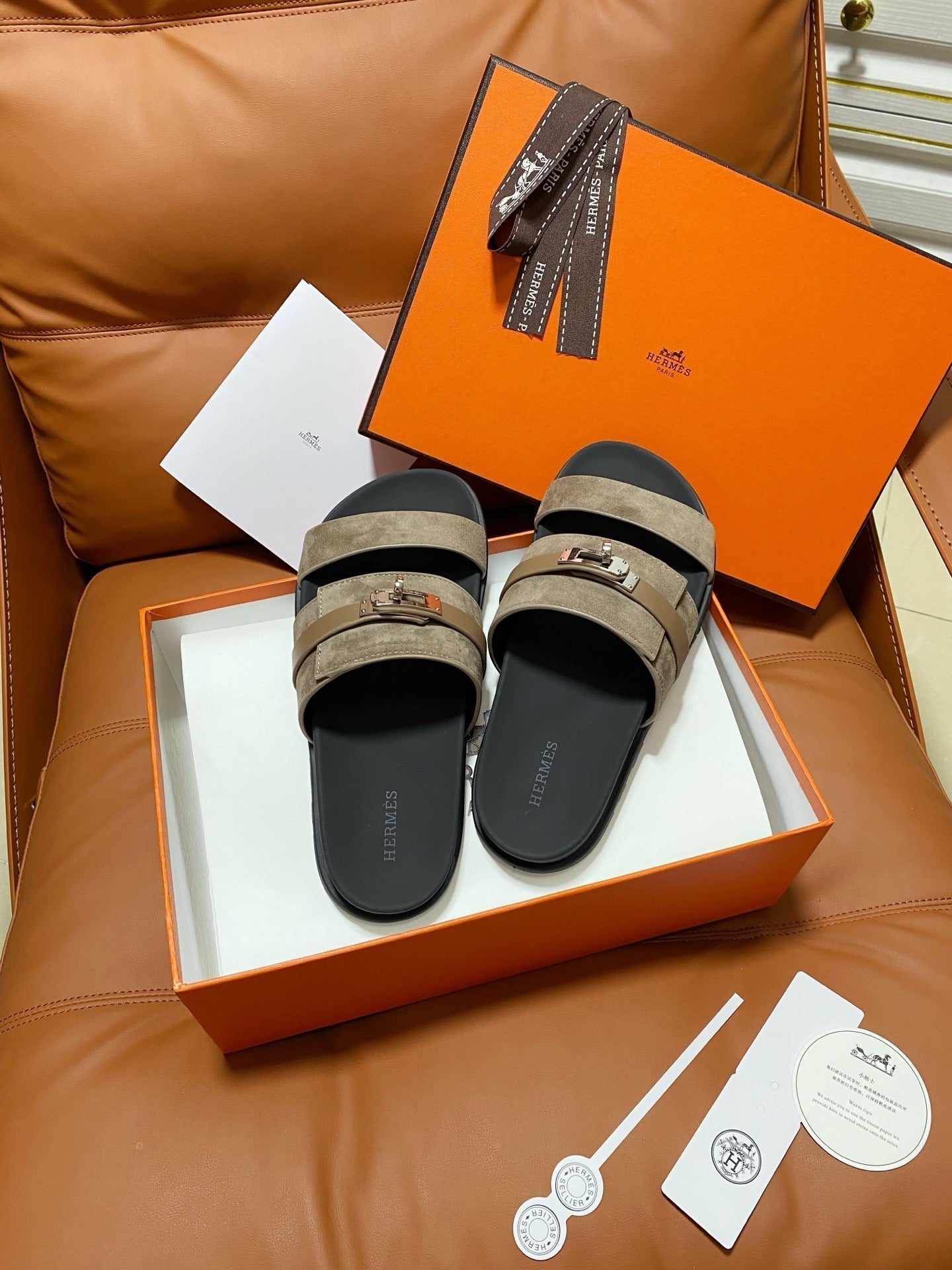 HM 2026 Velcro Sandals Black Taupe Suede Cowhide 663786