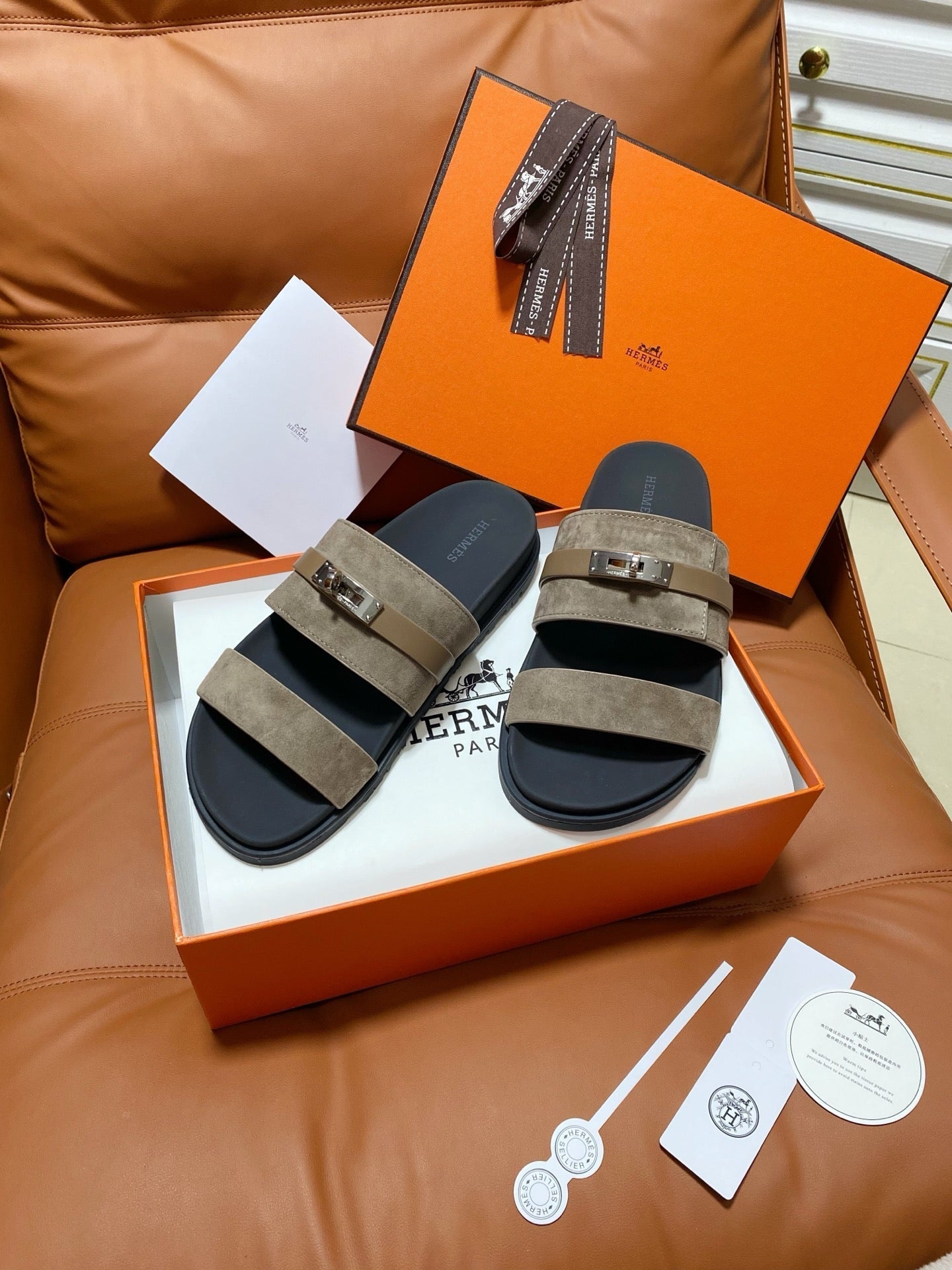 HM 2026 Velcro Sandals Black Taupe Suede Cowhide 663786