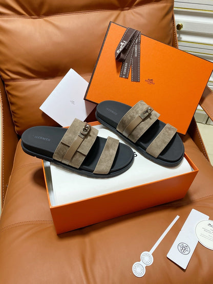 HM 2026 Velcro Sandals Black Taupe Suede Cowhide 663786