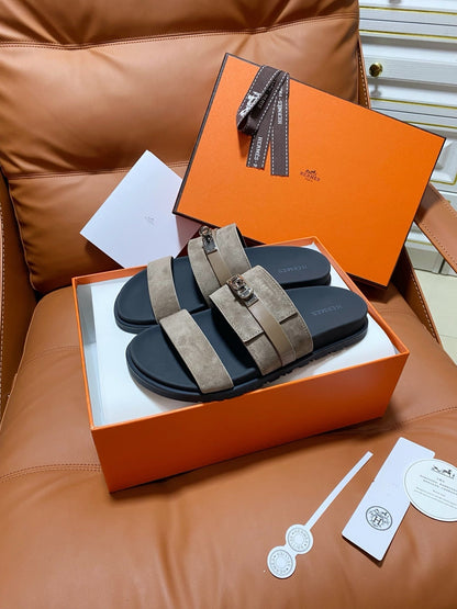 HM 2026 Velcro Sandals Black Taupe Suede Cowhide 663786