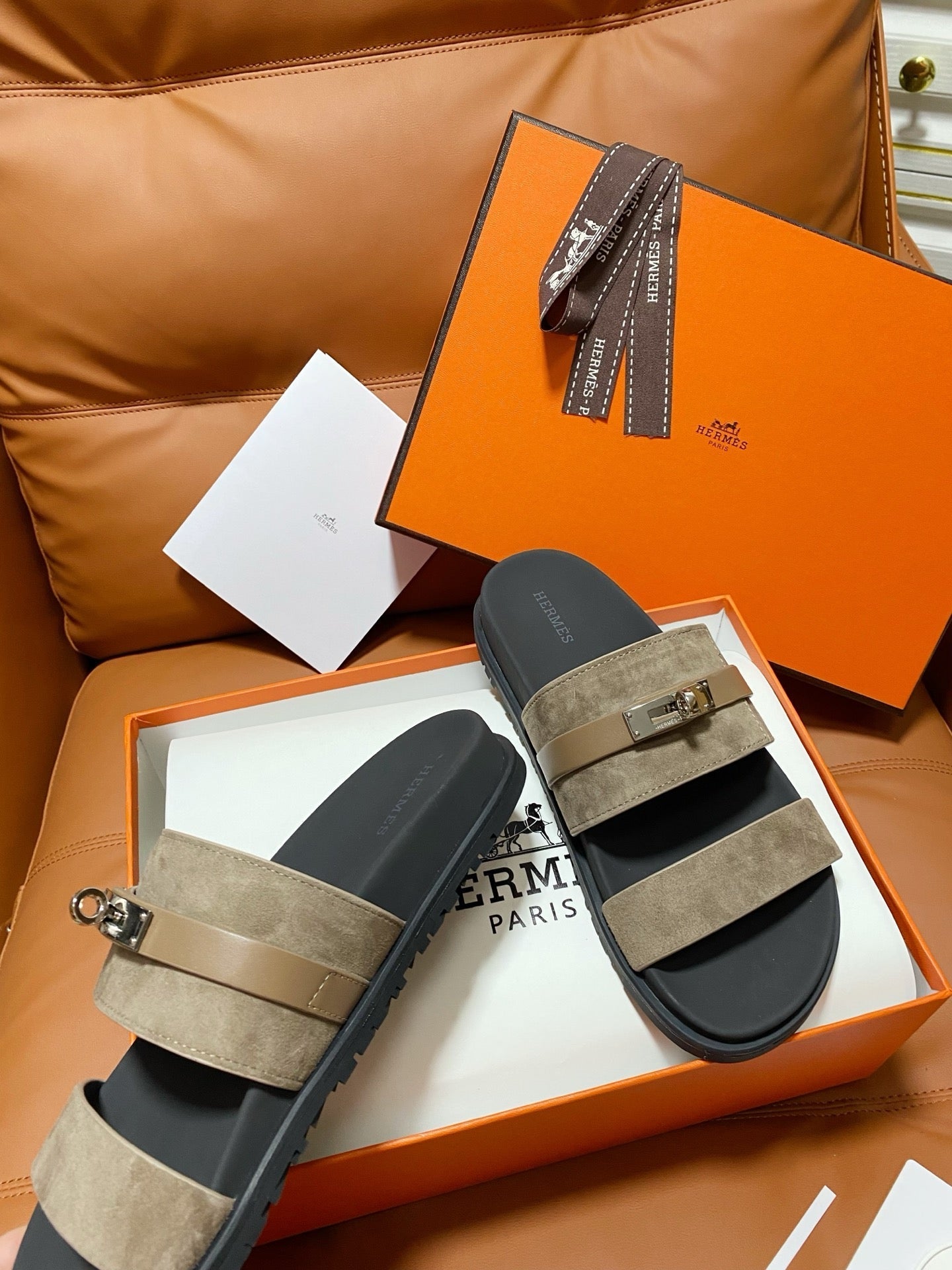 HM 2026 Velcro Sandals Black Taupe Suede Cowhide 663786