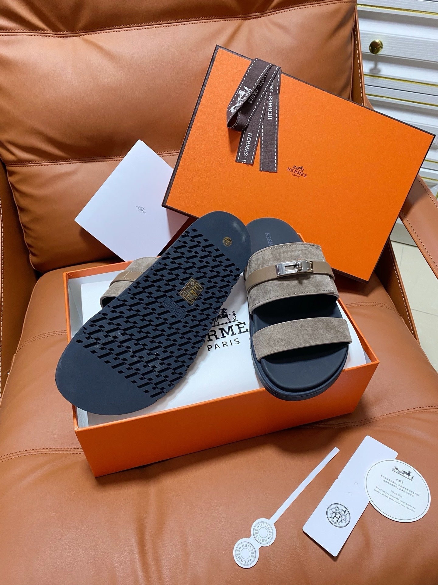 HM 2026 Velcro Sandals Black Taupe Suede Cowhide 663786