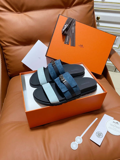 HM 2026 Velcro Sandals Black Blue Suede Cowhide 663787