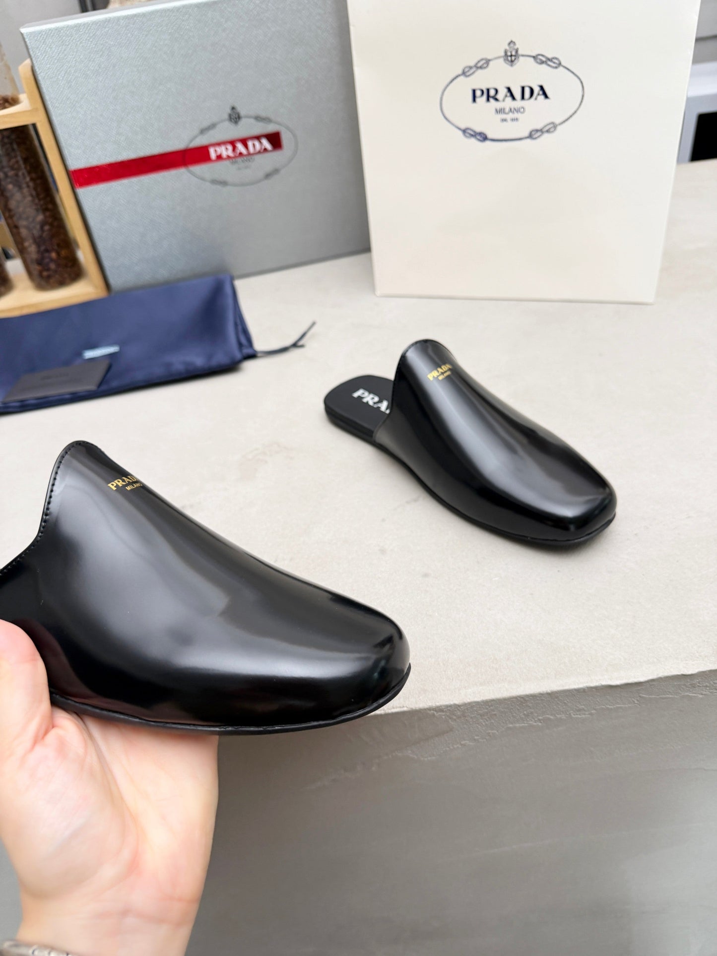 Prada 2026 Brushed Black Slippers Leather 778940