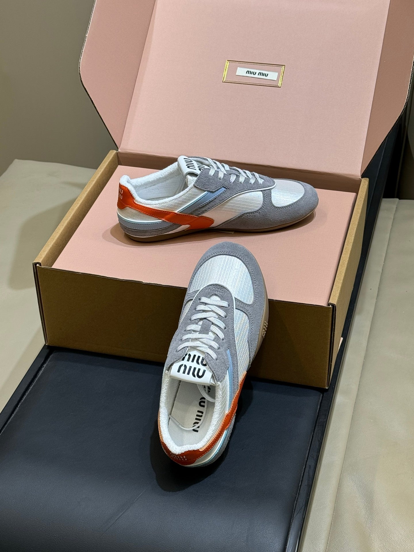 Miu Miu 2026 Tyre Sneaker White Orange Grey Mesh Suede 621350
