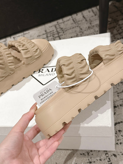 Prada 2026 Pleated Double-Strap Platform Sandals 55mm Sheepskin 771016