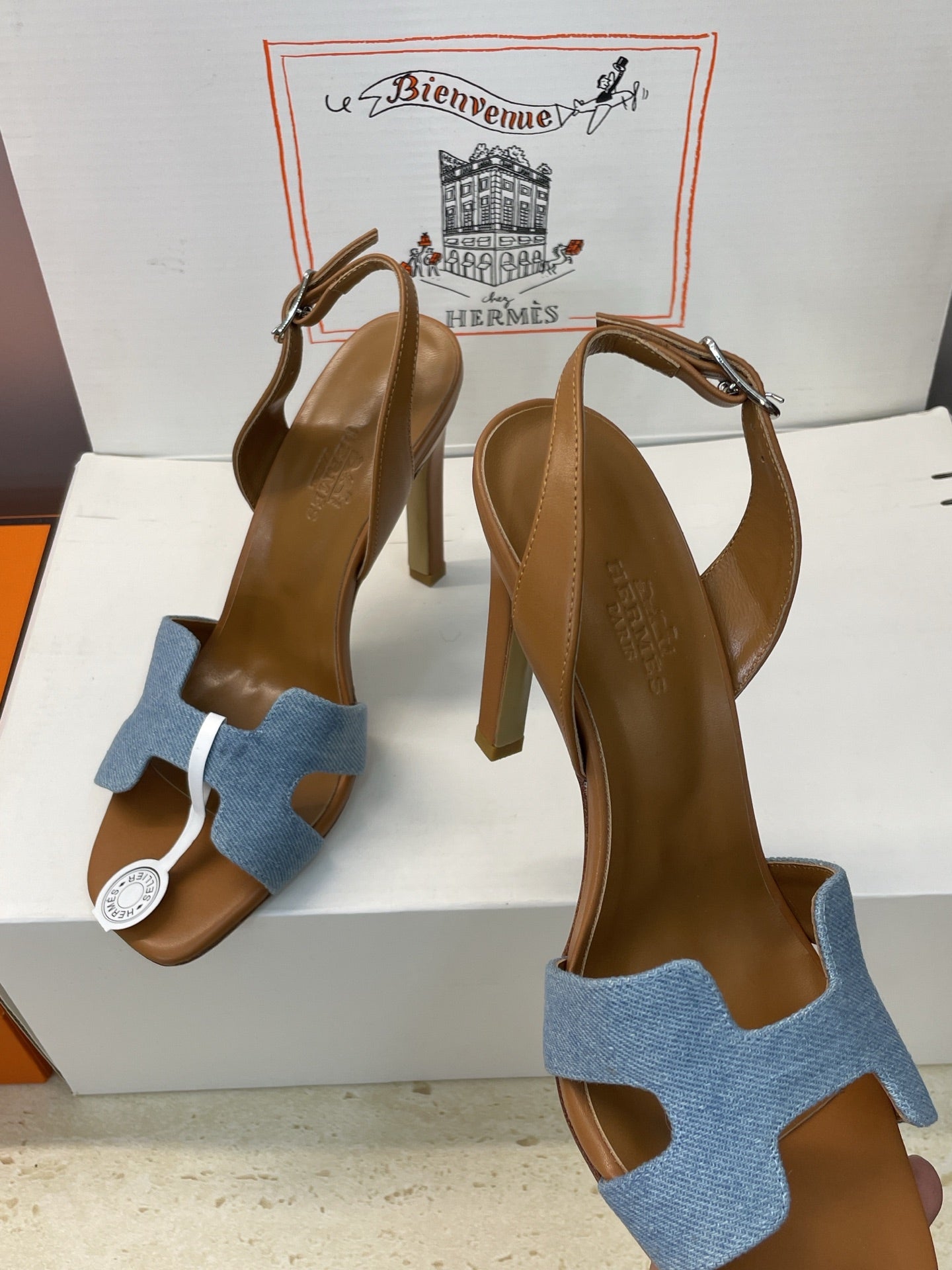 HM 26ss High Heel Sandals 105 Brown Blue Denim Cowhide 607147