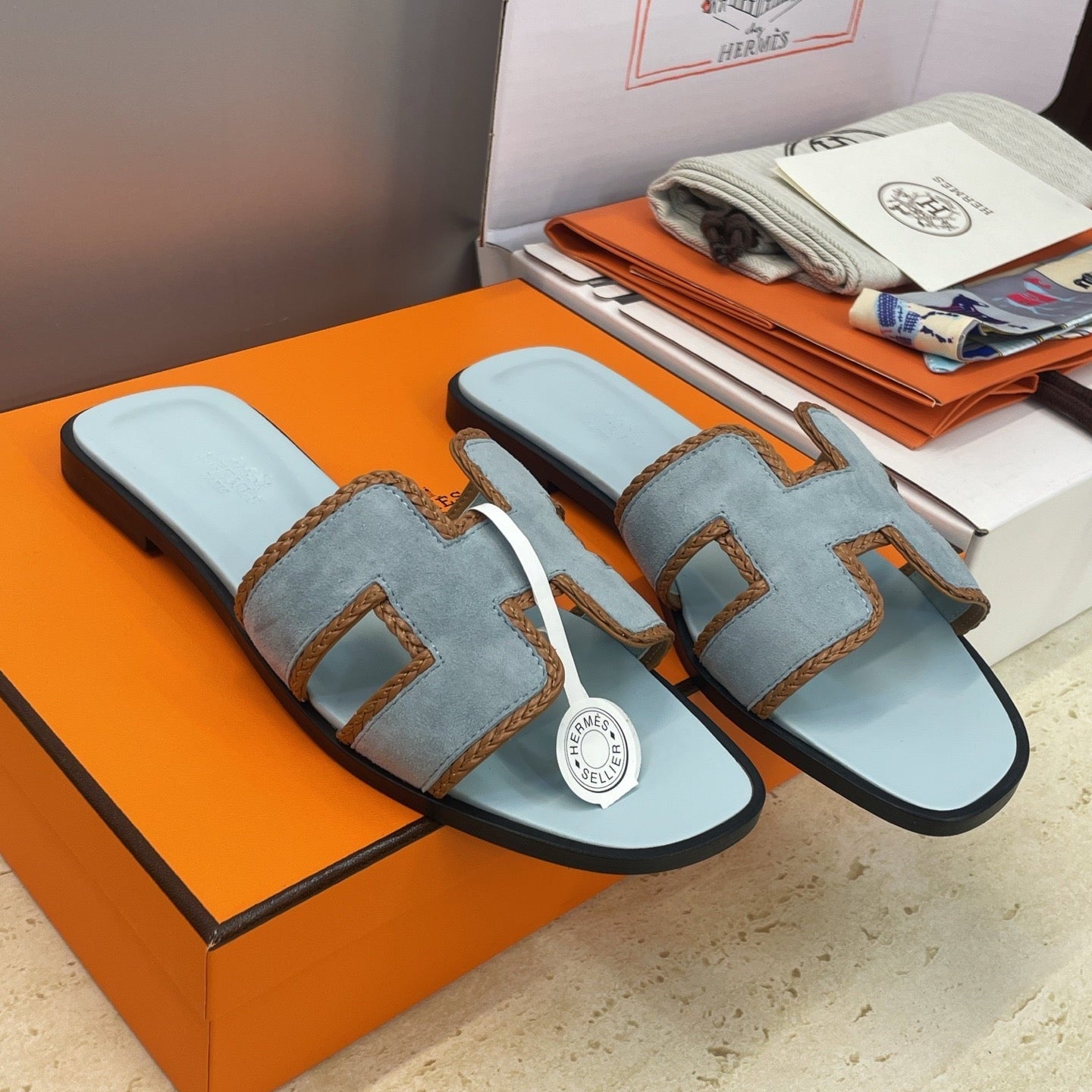 HM 26ss Oran Sandals Baby Blue Brown Suede Calfskin 607250