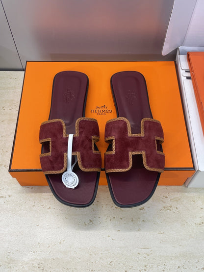 HM 26ss Oran Sandals Burgundy Brown Suede Calfskin 607252