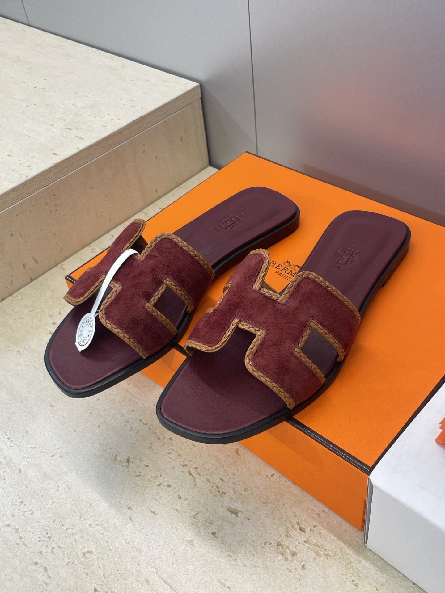 HM 26ss Oran Sandals Burgundy Brown Suede Calfskin 607252