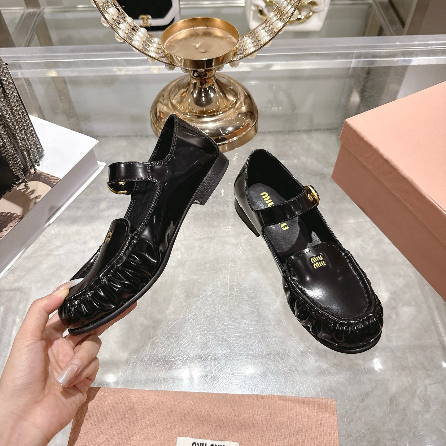 Miu Mary Jane Ballet Flats Black Calfskin 592043