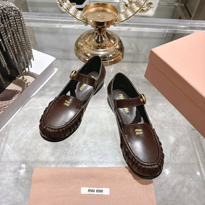 Miu Mary Jane Ballet Flats Brown Calfskin 592044