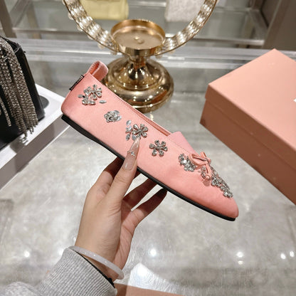 Miu 26 Ballet Flats with Crystal Rhinestones Pink Silk Satin 592102