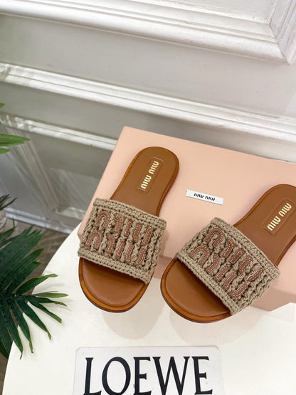 MIU Flat Slippers Brown Knitted Fabric Sheepskin 631915