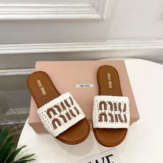 MIU Flat Slippers Brown White Knitted Fabric Sheepskin 631916